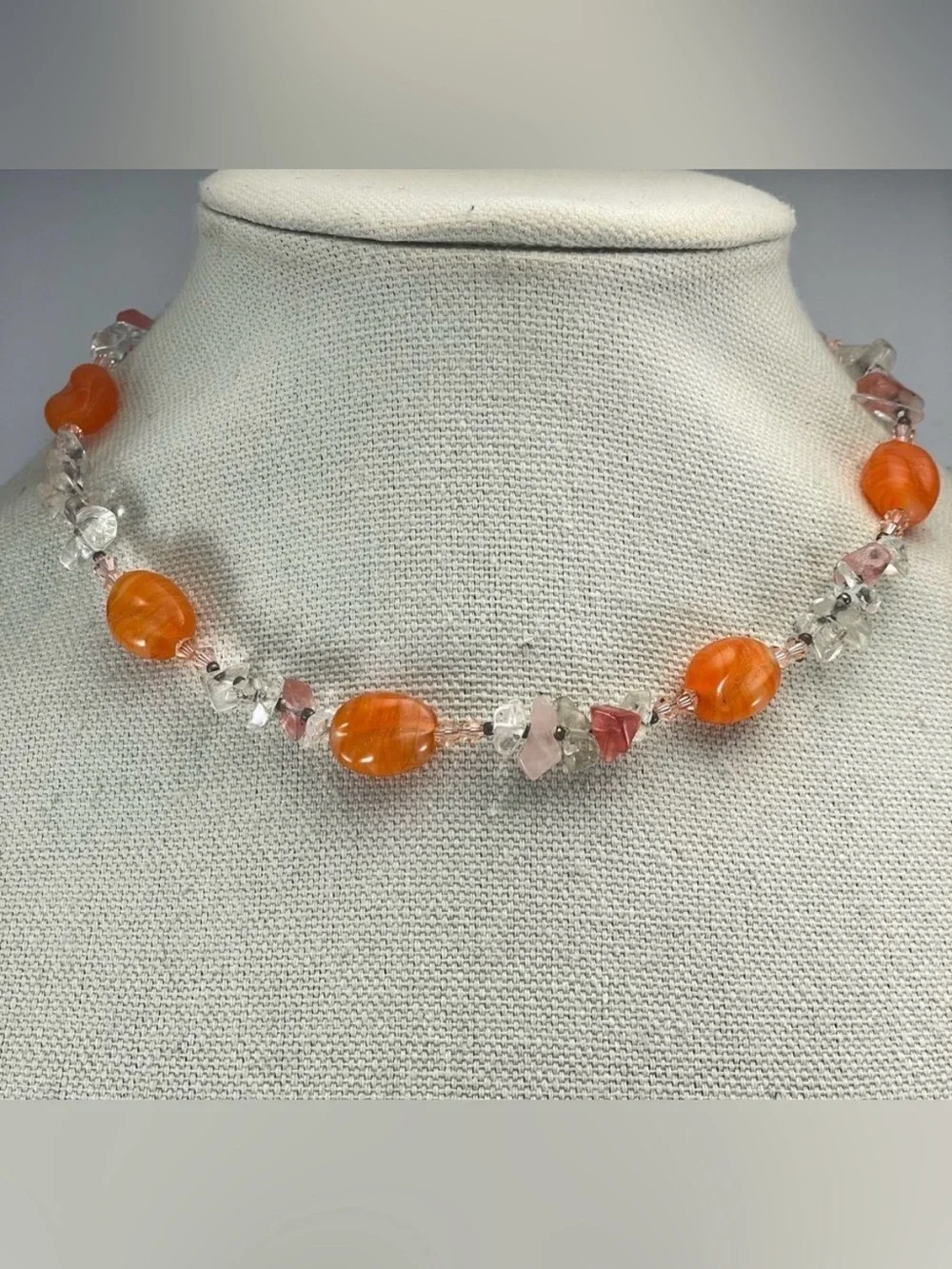 Beautiful Necklace Rose Cherry Clear Quartz Nugget Orange Glass Beaded Statement